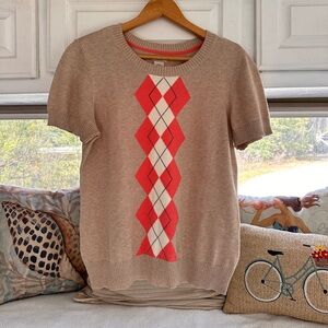IZOD Argyle Sweater Shirt Size M Beige Coral Short Sleeve 100% Cotton Preppy